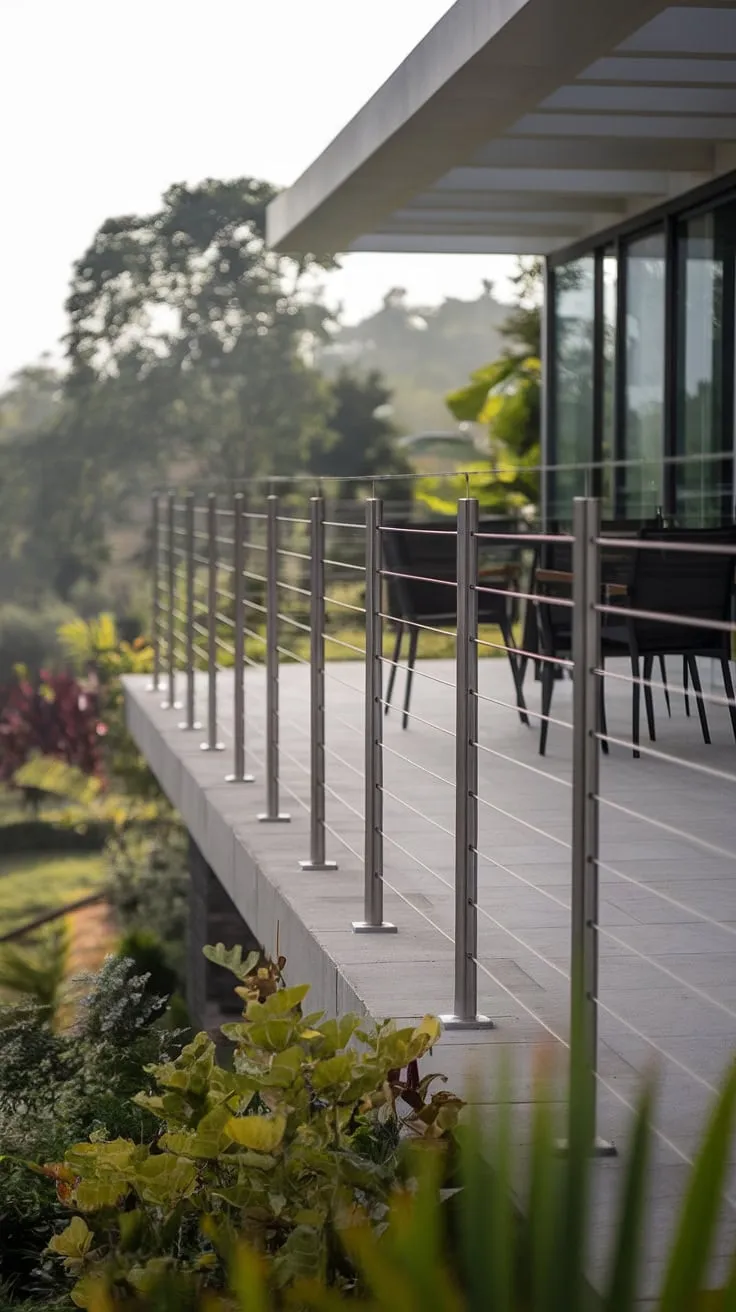 Serene views unfold from this modern deck, perfectly framed by a sleek stainless steel cable railing. The minimalist design of the terrace railing complements the modern balcony aesthetic, while the sturdy steel cable railing ensures safety and unobstructed panoramas of the lush landscape. The patio railing's clean lines enhance the overall tranquil ambiance.