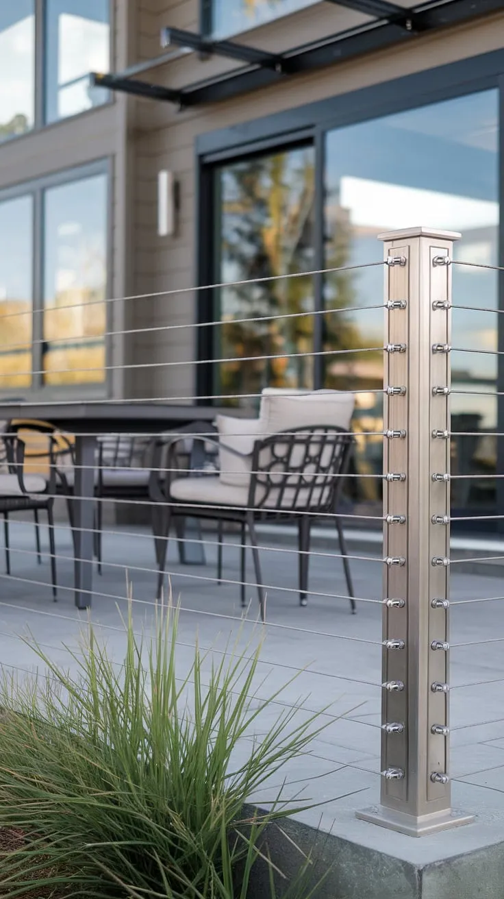 Sleek stainless steel cable railing defines this modern deck, seamlessly blending indoor-outdoor living. The terrace railing's minimalist design complements the modern balcony and patio railing, offering a stylish and safe solution for balcony railings and deck railing design.