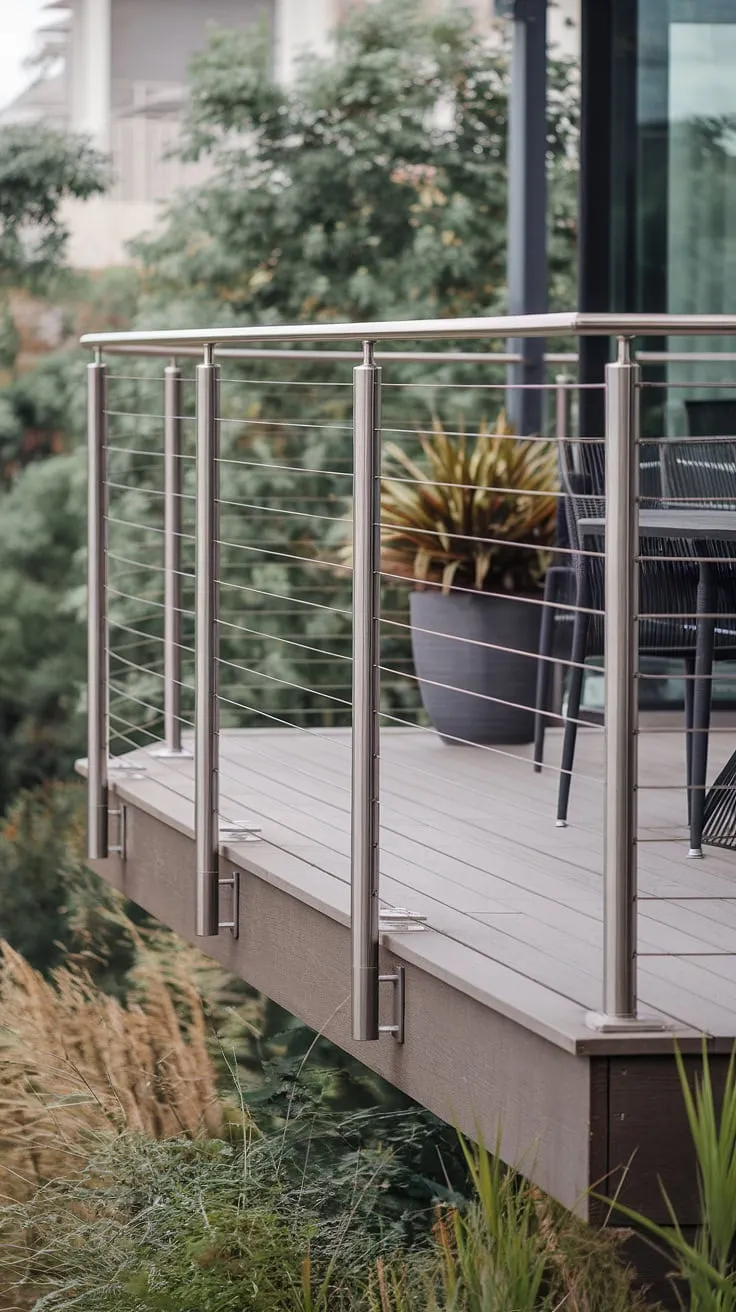 This modern deck's stunning steel cable railing showcases a sophisticated deck railing design. The stainless steel cable railing creates a clean, contemporary look, ideal for balcony railings and terrace railing projects on a modern balcony or patio.