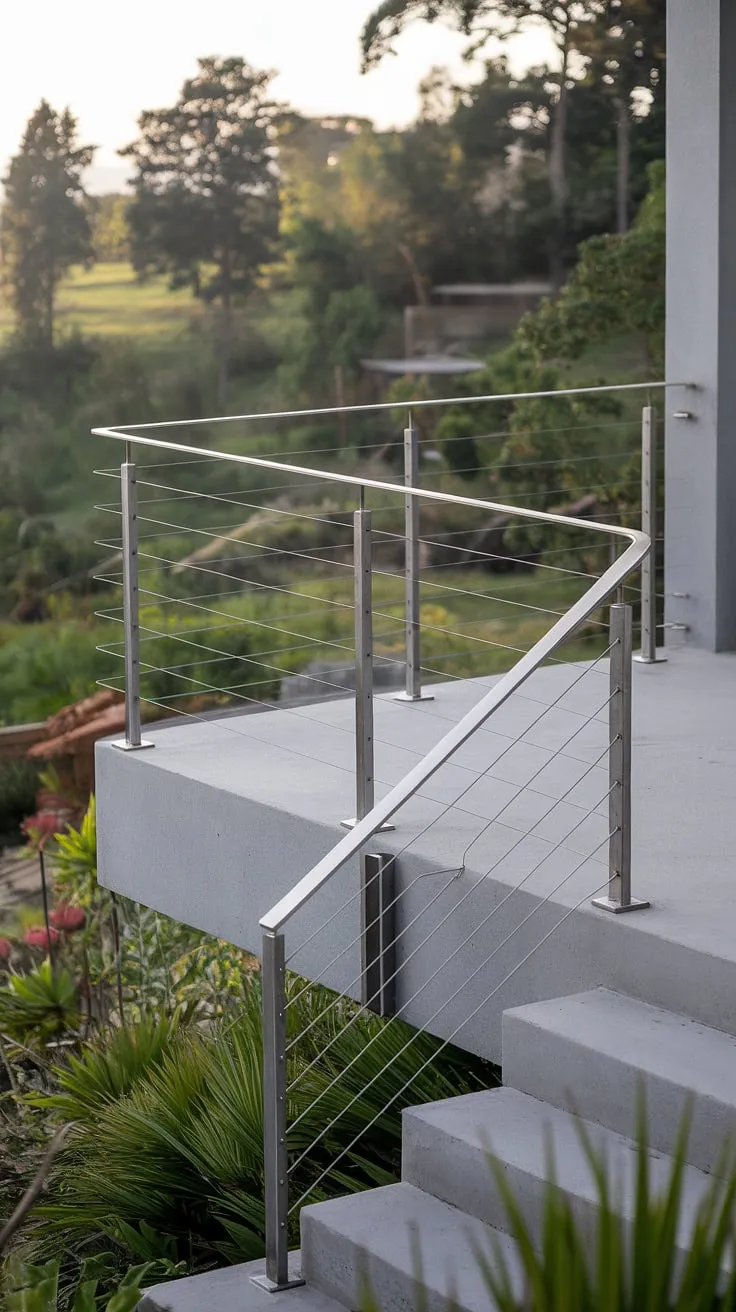 Experience effortless elegance with this steel cable railing. The stainless steel cable railing system creates a minimalist yet secure boundary for this modern balcony, seamlessly blending modern railing aesthetics with the surrounding greenery. This patio railing and balcony railings design elevates any modern deck.