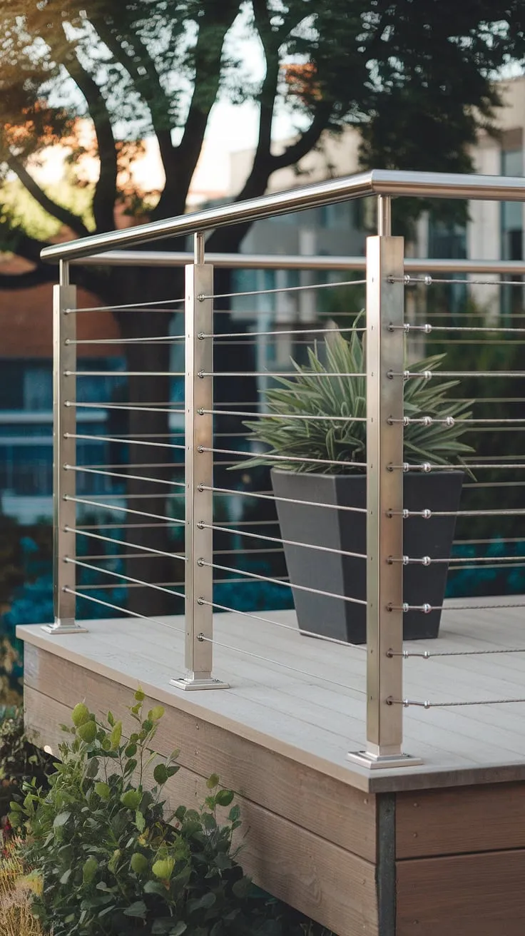 Experience effortless elegance with this steel cable railing. The stainless steel cable railing system creates a modern railing solution perfect for a deck, balcony, or patio, showcasing a sophisticated deck railing design that complements any modern balcony or modern deck.