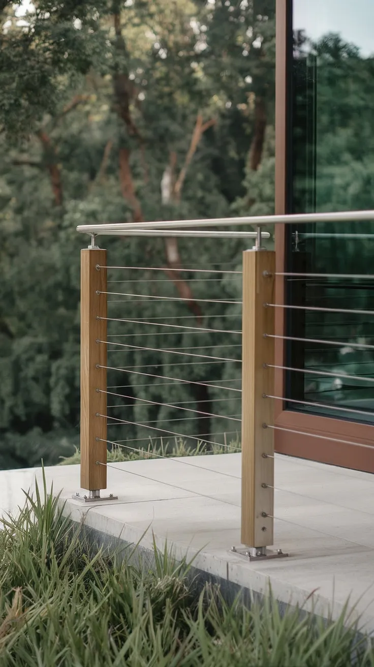 Sleek stainless steel cable railing provides a modern and minimalist touch to this elevated terrace, offering a stunning view of the lush forest below. The clean lines of the steel cable railing complement the white square post, creating a sophisticated deck railing design perfect for a modern balcony or patio. The railing's airy design ensures an unobstructed view, while still providing secure balcony railings.