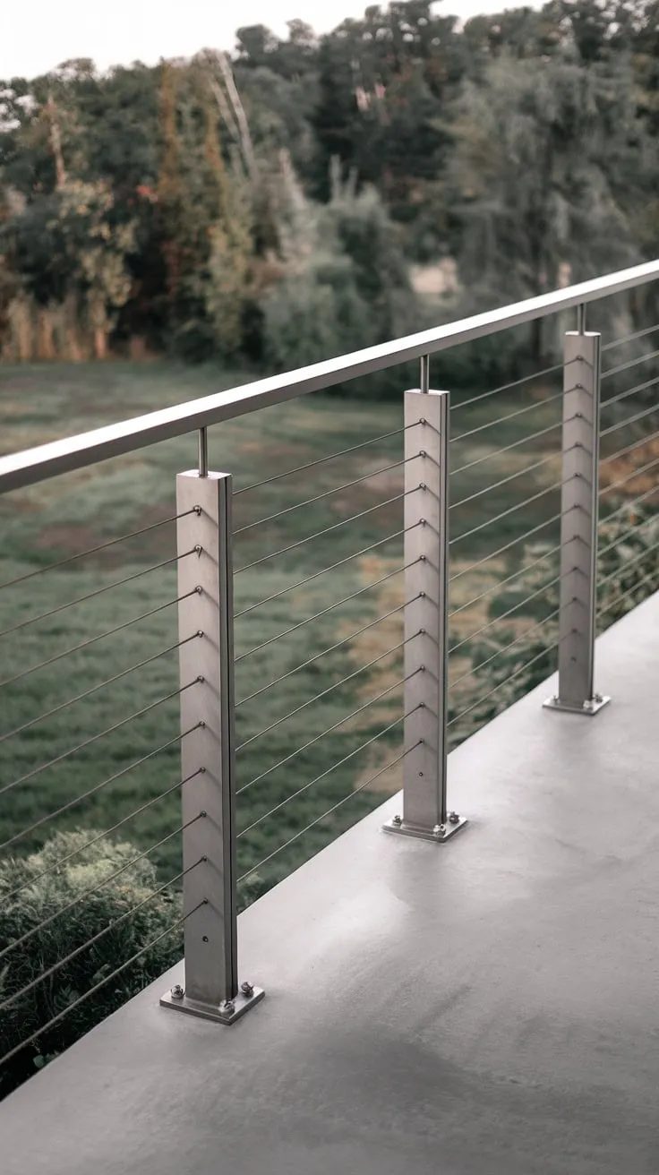 Overlooking a vibrant green landscape, this modern balcony features a sleek stainless steel cable railing. The minimalist design of the terrace railing complements the modern deck and concrete flooring, creating a sophisticated outdoor space. This patio railing and balcony railings system offers both safety and a clean aesthetic, showcasing a stunning example of modern railing design.