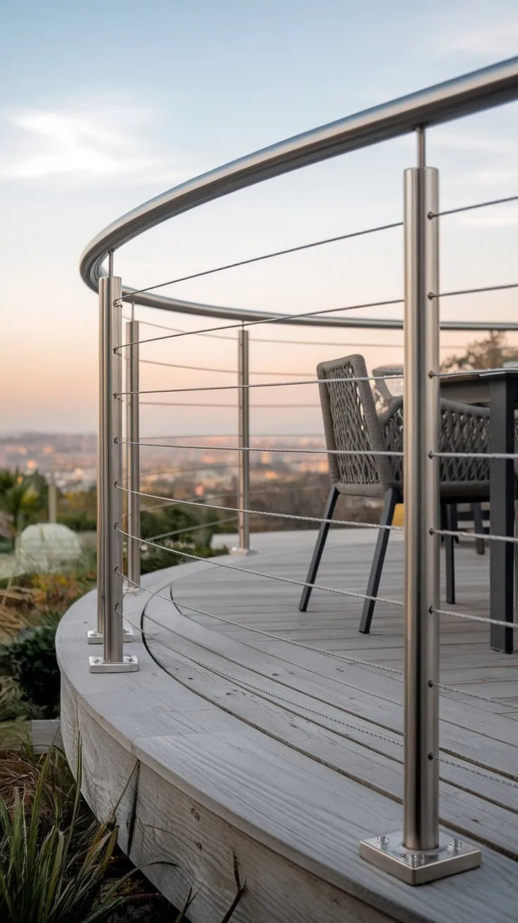 This modern railing system, a stunning stainless steel cable railing, elevates the design of this modern balcony. The patio railing's clean lines complement the modern deck, creating the ultimate outdoor space.
