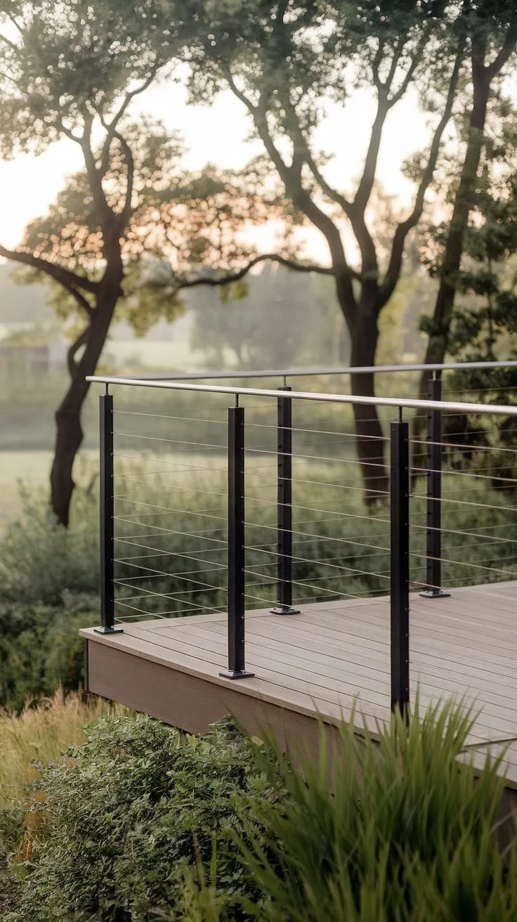Elevated style. A stunning stainless steel cable railing defines this modern balcony, creating a safe and sophisticated edge for the modern deck. This terrace railing is the epitome of modern railing design.