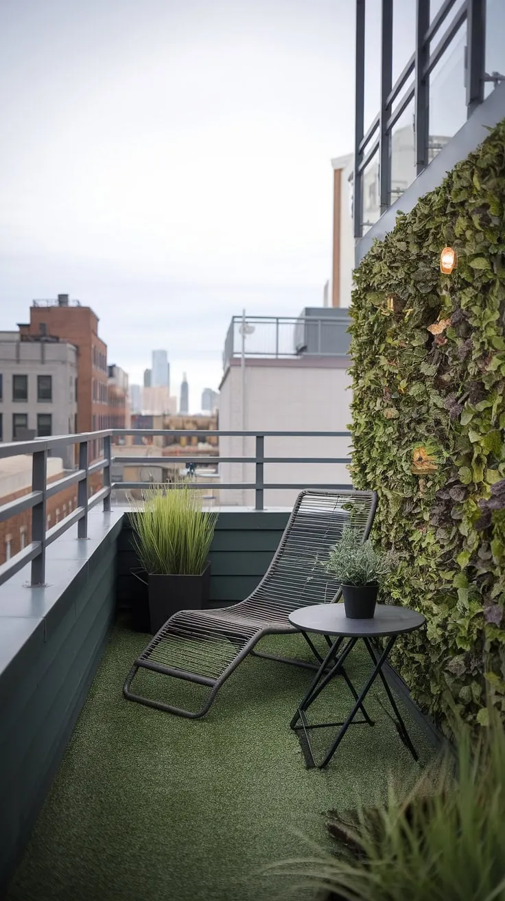 Escape the urban hustle on this serene small rooftop terrace. The rooftop garden design, featuring a rooftop flower garden and cleverly placed potted plant, transforms this small rooftop terrace into a tranquil oasis. This urban rooftop deck offers inspiring terrace lounge ideas and rooftop patio ideas perfect for small terrace ideas, proving that even a small space can offer big relaxation.
