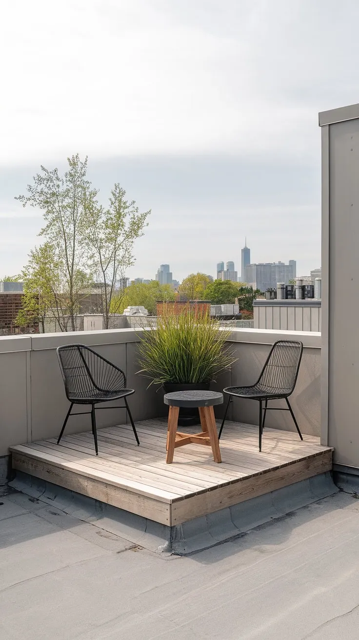 Escape the urban hustle on this serene small rooftop terrace. Rooftop garden design at its finest, offering perfect terrace lounge ideas and small terrace ideas for city living.
