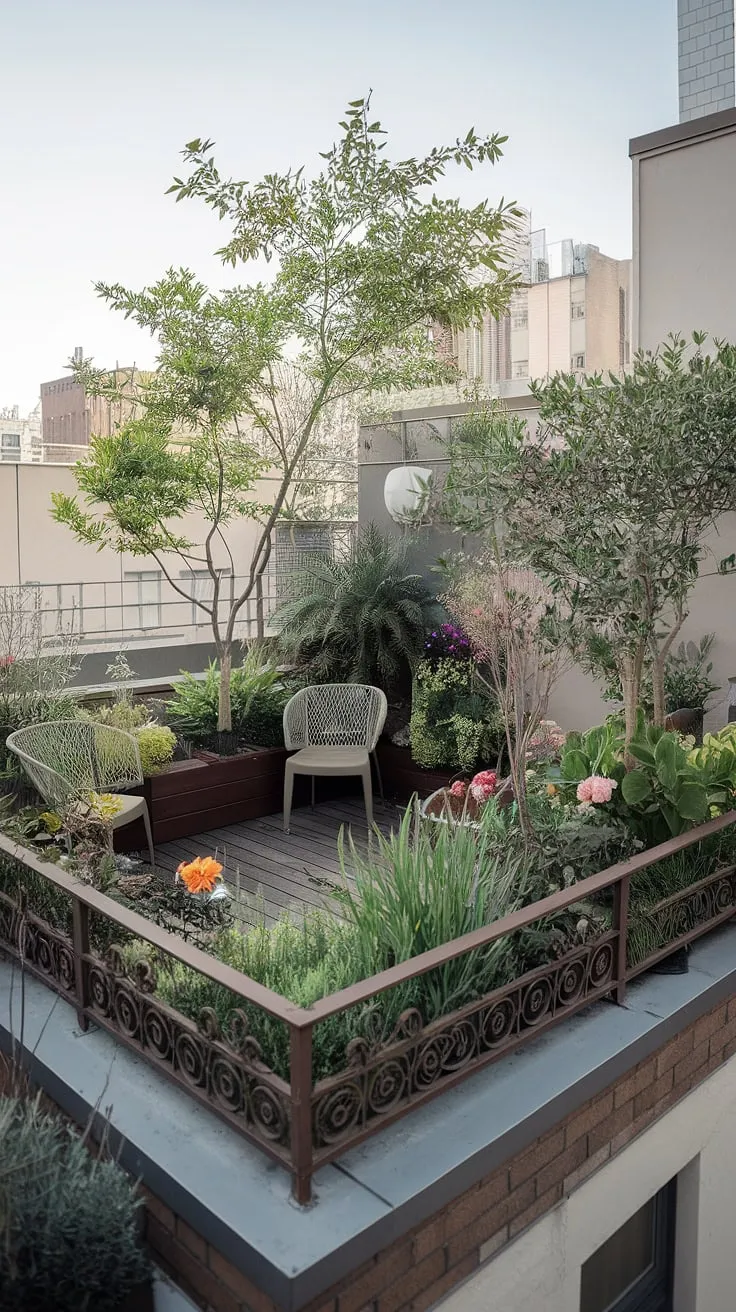 This urban rooftop deck is a stunning example of small terrace ideas and rooftop patio ideas. The rooftop garden design features a variety of plants and flowers, creating a vibrant rooftop flower garden. The small rooftop terrace offers a peaceful retreat, perfect for enjoying the city skyline from the comfort of your own private terrace rooftop lounge. This space proves that even a small rooftop terrace can be a luxurious and inspiring addition to any urban home.