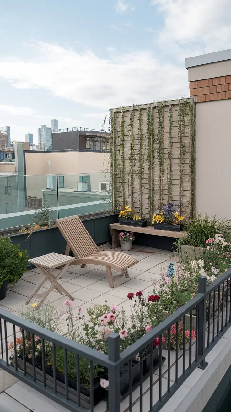 This small rooftop terrace is a testament to creative rooftop patio ideas. The rooftop garden design, with its flourishing rooftop flower garden, transforms this urban rooftop deck into a private sanctuary. A simple wooden lounge chair and small table provide the perfect setting for relaxation, illustrating inspiring terrace lounge ideas for even the smallest of spaces.