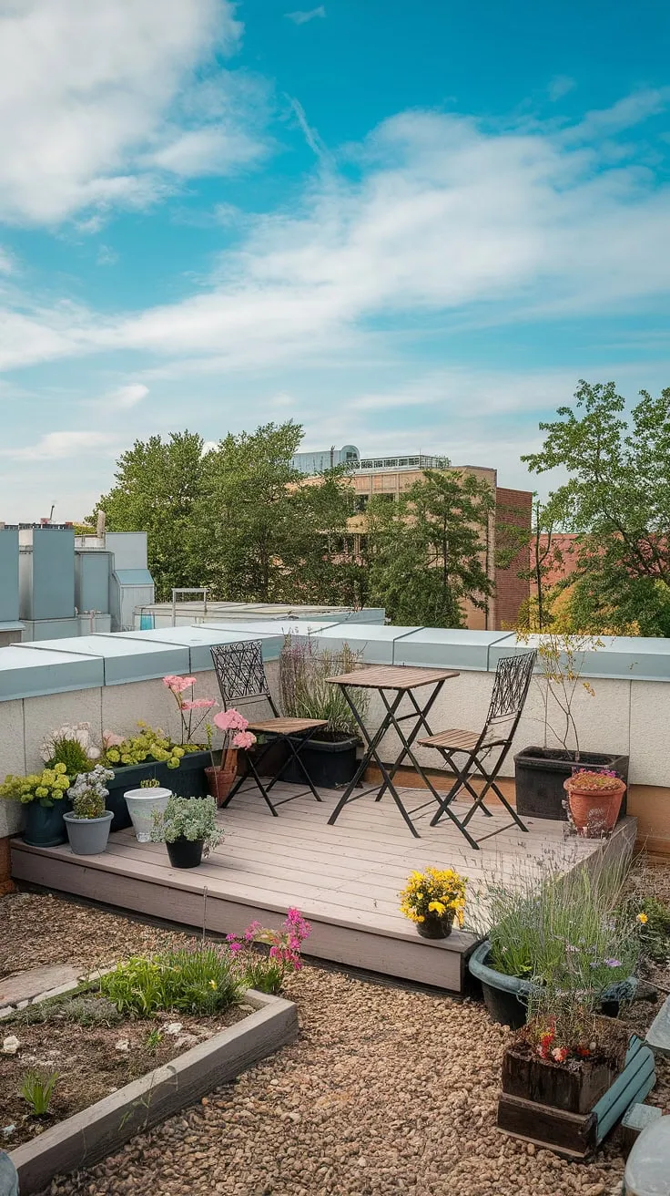 Escape the urban hustle on this small rooftop terrace, a perfect blend of rooftop garden design and terrace lounge ideas. The rooftop flower garden and small terrace ideas create a tranquil urban rooftop deck.