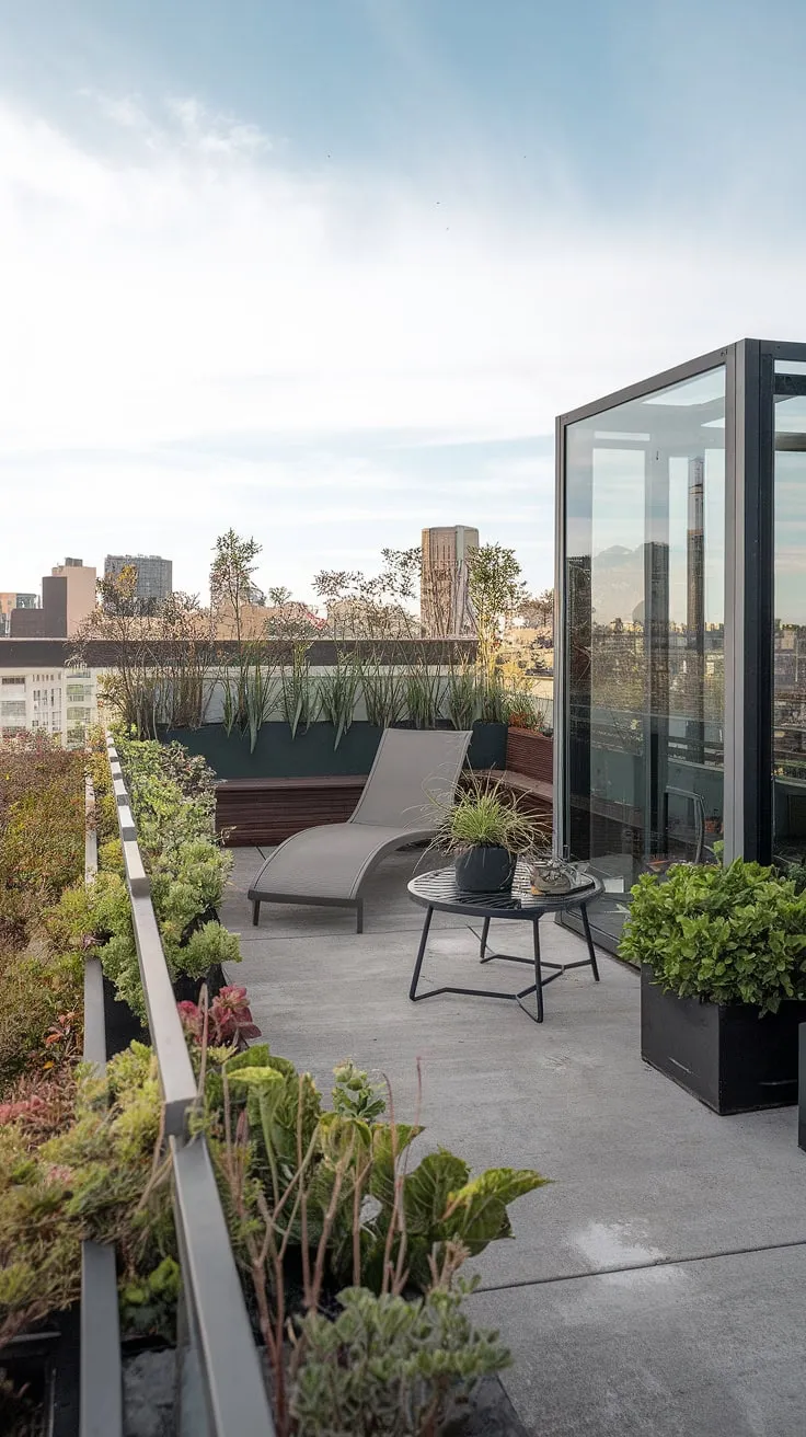 This small rooftop terrace boasts a modern design, showcasing clever rooftop garden design with a mix of potted plants creating a vibrant rooftop flower garden. The urban rooftop deck offers inspiring terrace lounge ideas, perfect for relaxation with its comfortable lounge chair and small table. This small terrace ideas example demonstrates how even a limited space can be transformed into a tranquil rooftop patio ideas oasis, overlooking the city skyline.