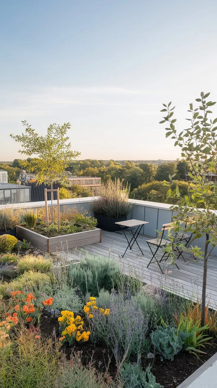 This small rooftop terrace is a testament to creative rooftop garden design. The urban rooftop deck, complete with a cozy seating area and blooming rooftop flower garden, offers a tranquil escape from city life. Explore these terrace lounge ideas and small terrace ideas for your own inspiring rooftop patio ideas.