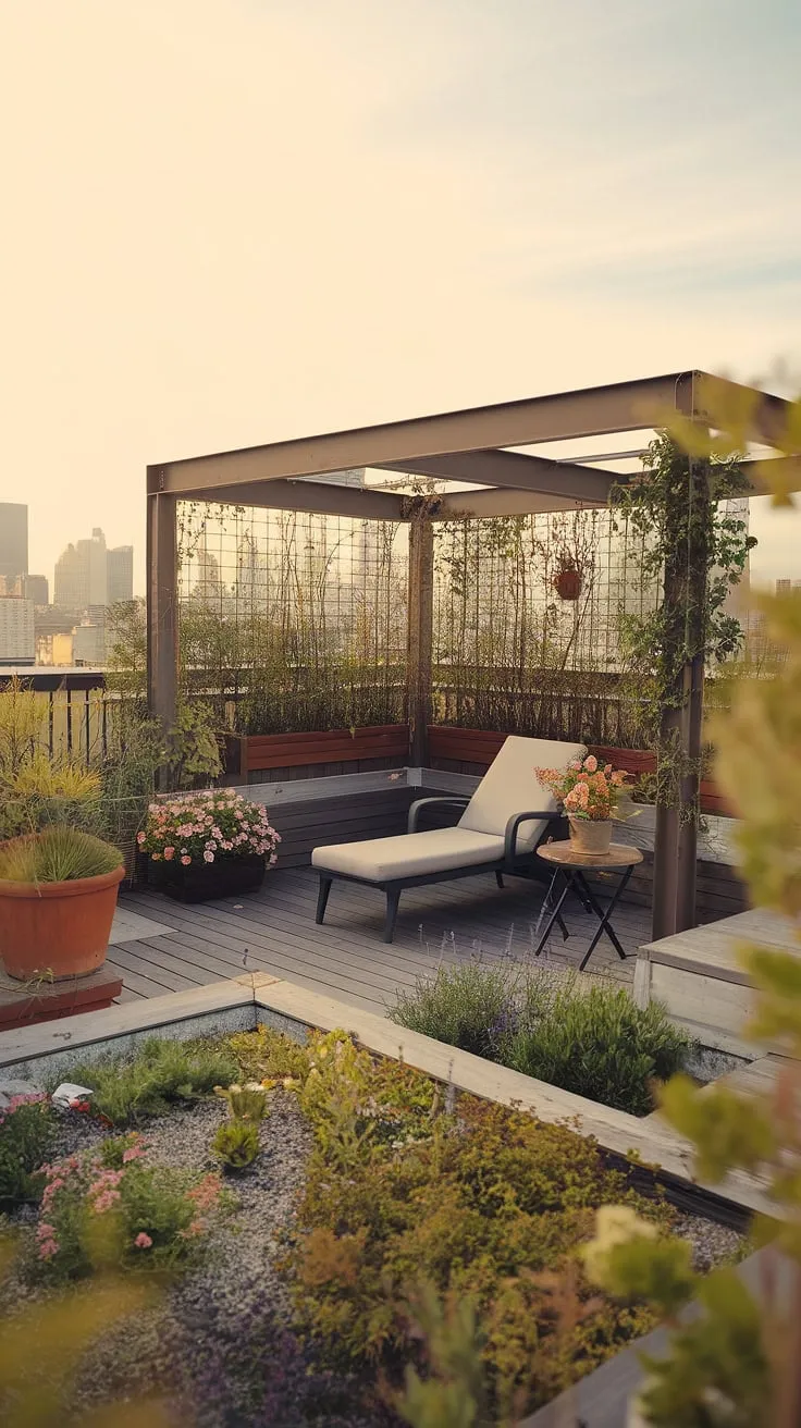 Bathed in warm sunlight, this small rooftop terrace offers a tranquil escape from the bustling city below. The urban rooftop deck features a thoughtfully designed rooftop garden, showcasing a rooftop flower garden bursting with color. Clever terrace lounge ideas maximize the space, creating a relaxing retreat with a wooden deck and comfortable seating. This small terrace ideas example demonstrates how even a small rooftop terrace can be transformed into a vibrant and inviting oasis. Perfect rooftop patio ideas for those seeking a touch of nature in their urban dwelling.