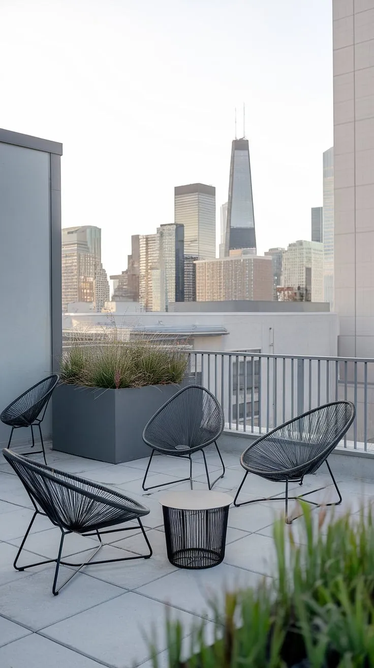 Serene and sophisticated, this small rooftop terrace offers a tranquil escape from the bustling city below. The urban rooftop deck boasts a minimalist design, incorporating clever rooftop garden design elements like the planter near the railing, creating a rooftop flower garden feel. This small terrace, perfect for terrace lounge ideas and rooftop patio ideas, showcases how even a small rooftop terrace can be transformed into a stylish and functional outdoor space. Small terrace ideas like this maximize space and create a personal oasis.