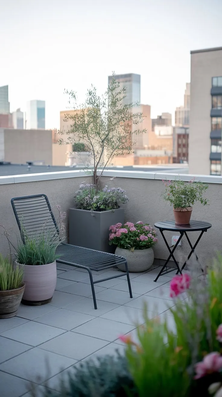 Find tranquility amidst the city skyline on this charming small terrace. This rooftop garden design, a perfect example of small terrace ideas, features a rooftop flower garden and comfortable seating. The urban rooftop deck provides inspiring terrace lounge ideas and rooftop patio ideas, proving that even a small rooftop terrace can be a haven of peace.