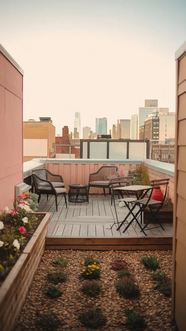 Escape the city bustle on this warm and inviting small rooftop terrace. Urban rooftop deck living at its finest, showcasing clever rooftop garden design and inspiring terrace lounge ideas. This small terrace offers big city views and a peaceful rooftop flower garden.