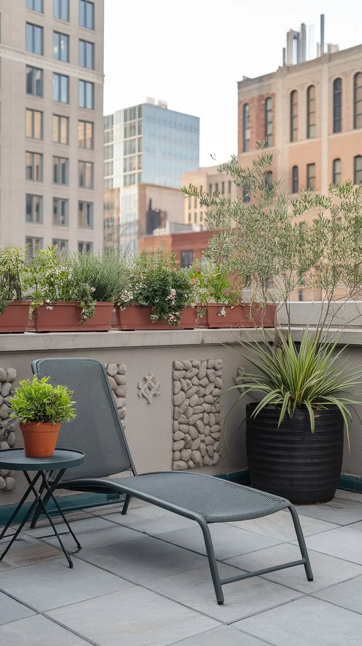 Transform your small rooftop terrace into a vibrant urban rooftop deck with this inspiring rooftop garden design. This small terrace showcases clever terrace lounge ideas, featuring a cozy seating area nestled amongst potted plants and a low stone wall. The rooftop flower garden provides a stunning contrast to the city skyline, offering a tranquil escape. Explore these small terrace ideas and rooftop patio ideas to create your own personal haven.