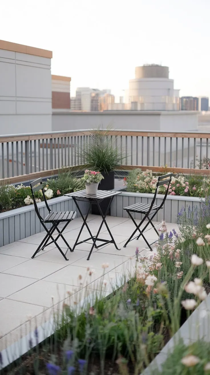 Find your peaceful sanctuary amidst the city skyline. This small rooftop terrace boasts a charming rooftop garden design, showcasing clever rooftop patio ideas and inspiring terrace lounge ideas within a beautiful rooftop flower garden. A perfect example of a small terrace ideas and urban rooftop deck living.