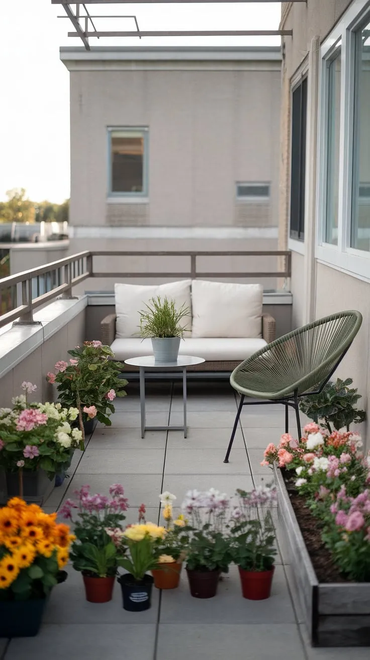 This small rooftop terrace is a haven of tranquility, a perfect example of rooftop garden design. The rooftop flower garden, overflowing with blooms, adds a touch of nature to this urban rooftop deck. The simple yet elegant terrace lounge ideas, featuring a white couch and green chair, create a relaxing atmosphere. This small terrace, with its thoughtful rooftop patio ideas, proves that even a small space can be transformed into a stunning and functional small rooftop terrace.