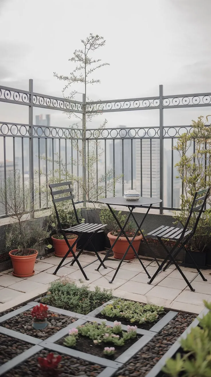 This small terrace ideas showcase how a little creativity can turn a small rooftop terrace into a vibrant rooftop garden design. The urban rooftop deck features a delightful rooftop flower garden, a small table and chairs, all framed by a decorative metal railing. This space offers inspiring terrace lounge ideas and demonstrates that even a compact rooftop patio ideas can be both beautiful and functional.