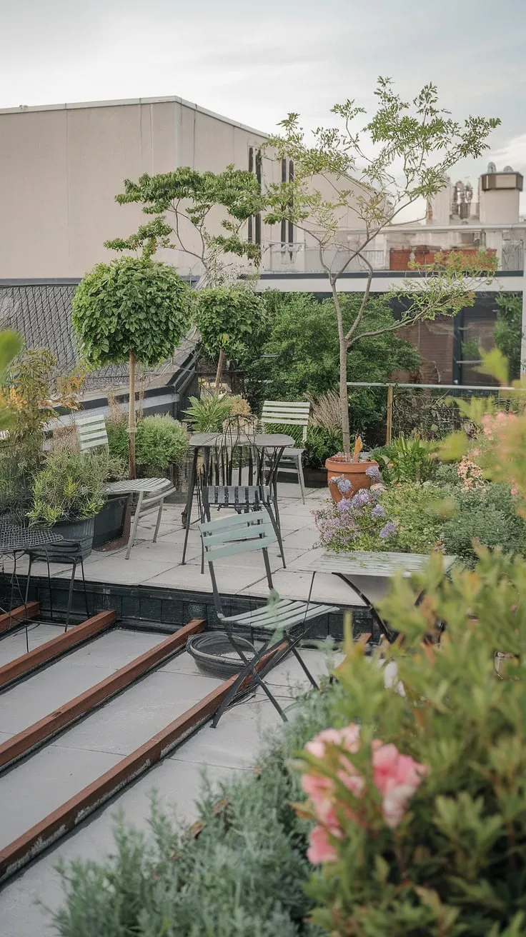 Serene escape in the city! This small rooftop terrace, a testament to clever rooftop garden design, offers a tranquil urban rooftop deck. The rooftop flower garden bursts with life, creating a perfect setting for relaxing evenings. These terrace lounge ideas showcase how even a small rooftop terrace can become a vibrant outdoor space. Consider this for your own rooftop patio ideas or small terrace ideas.