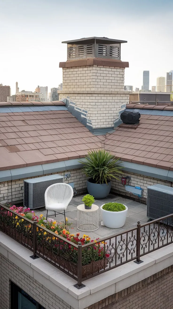 This small rooftop terrace transforms a concrete jungle into a personal urban rooftop deck. Rooftop patio ideas and a rooftop flower garden create the ultimate terrace rooftop oasis.