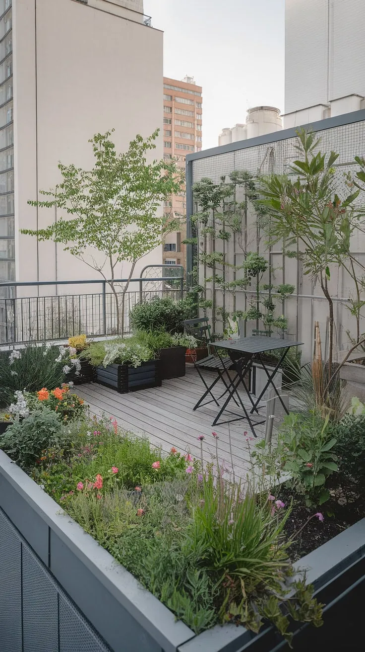 Escape the urban hustle on this charming small rooftop terrace. The rooftop garden design, featuring a mix of trees, flowers, and shrubs, transforms this small rooftop terrace into a tranquil oasis. Perfect for terrace lounge ideas, the wooden deck with chairs and table offers a relaxing spot to enjoy the view. This urban rooftop deck showcases how even a small space can be maximized with creative rooftop patio ideas and small terrace ideas.