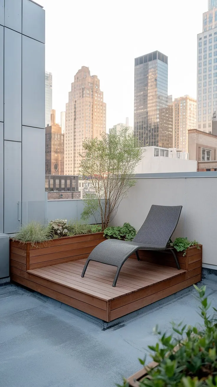 This small rooftop terrace is a testament to the beauty of minimalist rooftop garden design. The carefully curated rooftop flower garden and comfortable lounge chair transform this urban rooftop deck into a personal oasis. Explore these terrace lounge ideas and small terrace ideas for your own inspiring rooftop patio ideas, proving that even a small space can offer a stunning escape.