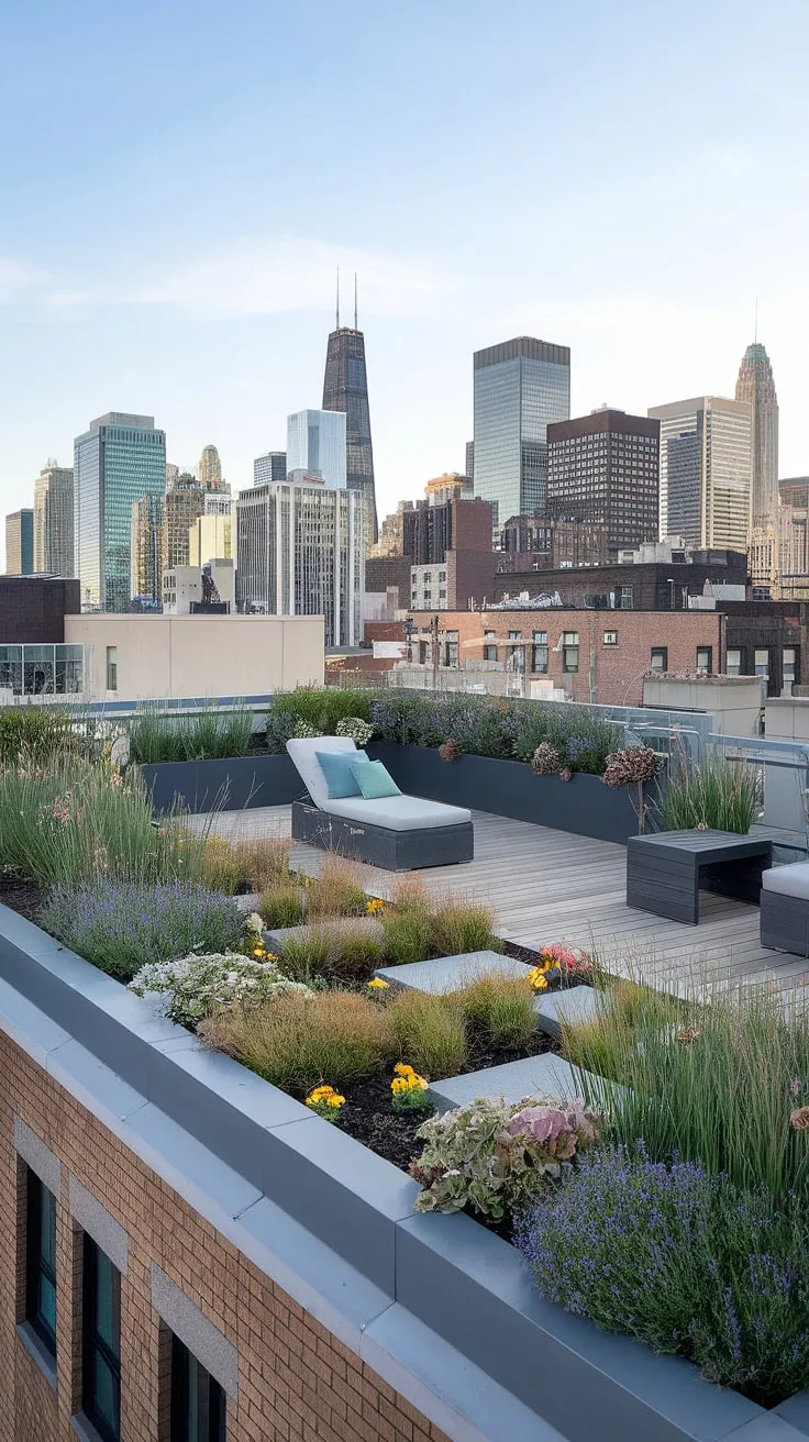 This urban rooftop deck showcases clever small terrace ideas, transforming a small rooftop terrace into a vibrant rooftop garden design. The terrace lounge ideas are effortlessly chic, providing a relaxing space amidst the city skyline. Enjoy the beauty of a rooftop flower garden while exploring the possibilities of rooftop patio ideas for your own space.
