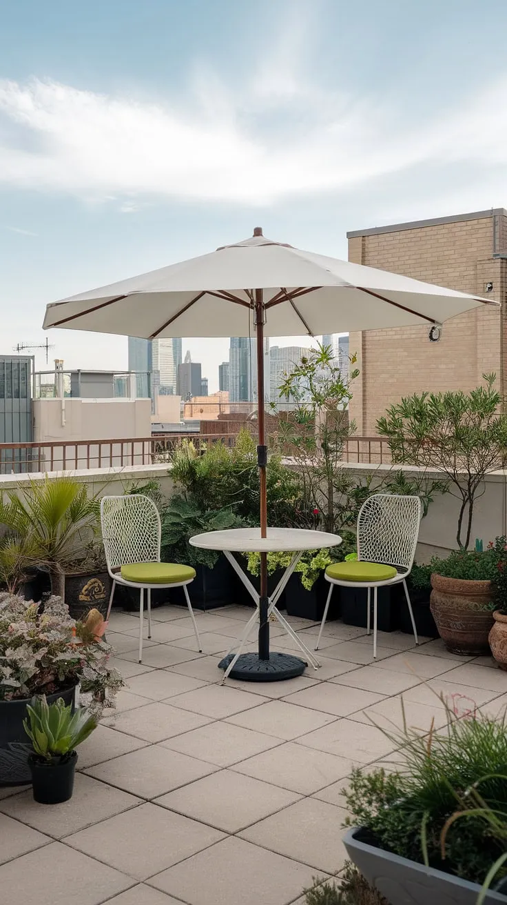 Escape the urban hustle on this small rooftop terrace, a tranquil rooftop garden design perfect for quiet evenings. This small terrace offers inspiring terrace lounge ideas and rooftop patio ideas, showcasing the beauty of a rooftop flower garden.