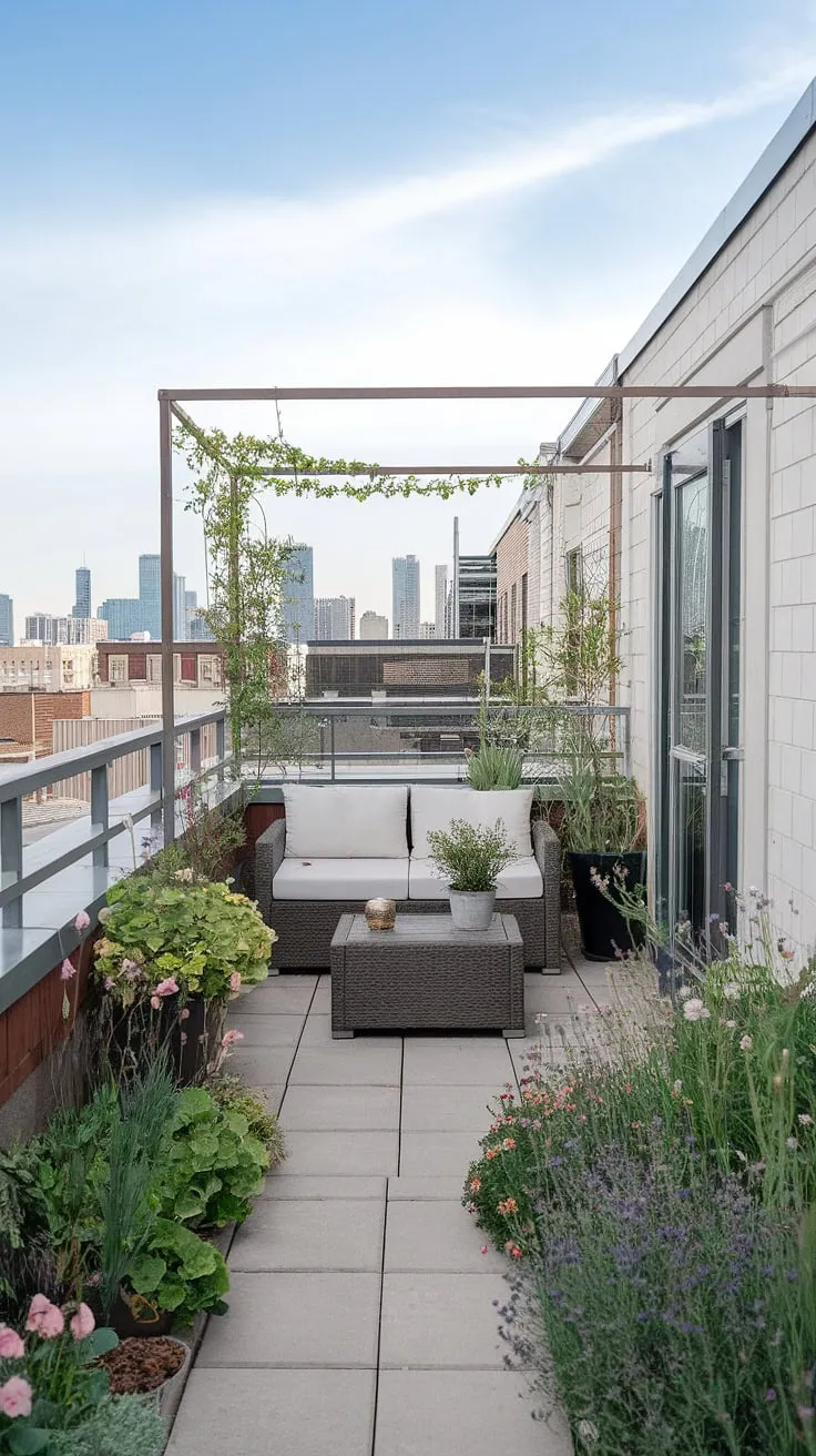 This small rooftop terrace is a testament to creative rooftop patio ideas. The rooftop garden design, complete with a flourishing rooftop flower garden, transforms this urban rooftop deck into a private oasis. Relax on the white couch, enjoying the view from this idyllic terrace lounge area, a perfect example of small terrace ideas for maximizing space and beauty. The path leading up hints at the serenity awaiting.