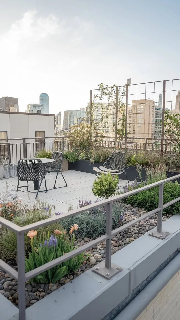 This urban rooftop deck boasts a stunning rooftop garden design, showcasing clever small terrace ideas. The terrace rooftop is a testament to how a small rooftop terrace can be transformed into a vibrant and functional space. With comfortable seating and a flourishing rooftop flower garden, it offers inspiring terrace lounge ideas and rooftop patio ideas for those seeking a peaceful retreat amidst the city skyline.