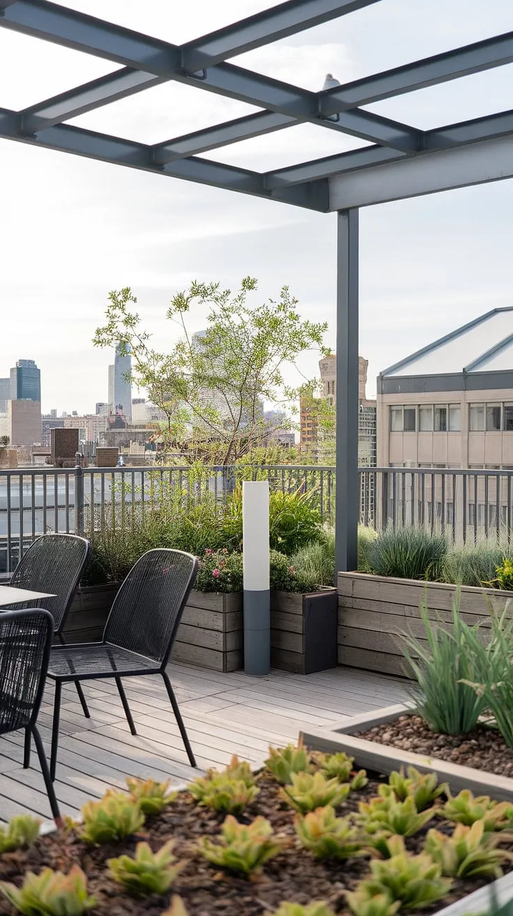 Escape the urban hustle in this tranquil rooftop garden. The small rooftop terrace, complete with a wooden deck and comfortable seating, offers stunning city skyline views. This rooftop garden design showcases clever use of space, creating a perfect terrace lounge area with a charming rooftop flower garden. Consider this inspiring example for your own small terrace ideas or rooftop patio ideas.