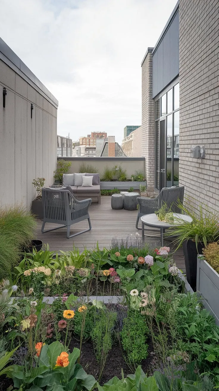 Transform your urban space with this inspiring rooftop garden design. This small rooftop terrace features a delightful rooftop flower garden, creating a peaceful urban rooftop deck. The simple yet elegant terrace lounge ideas, complete with a wooden table and chairs, make it the perfect spot for quiet contemplation. Explore these small terrace ideas and small rooftop terrace solutions for your own city sanctuary. The view of the cityscape from this rooftop patio ideas is simply breathtaking.