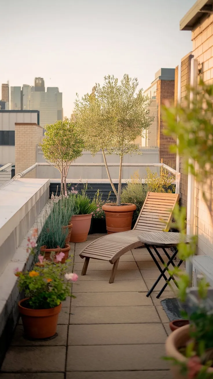 Bathed in the warm golden light of sunset, this small rooftop terrace offers a tranquil escape from the bustling city below. The rooftop garden design, featuring a mix of potted flowers and trees, creates a vibrant and inviting atmosphere. This urban rooftop deck showcases clever small terrace ideas and terrace lounge ideas, with a comfortable wooden chair and small table perfect for enjoying the view. Rooftop patio ideas don't get much better than this intimate space. A testament to the beauty of rooftop flower garden design, even on a small rooftop terrace.