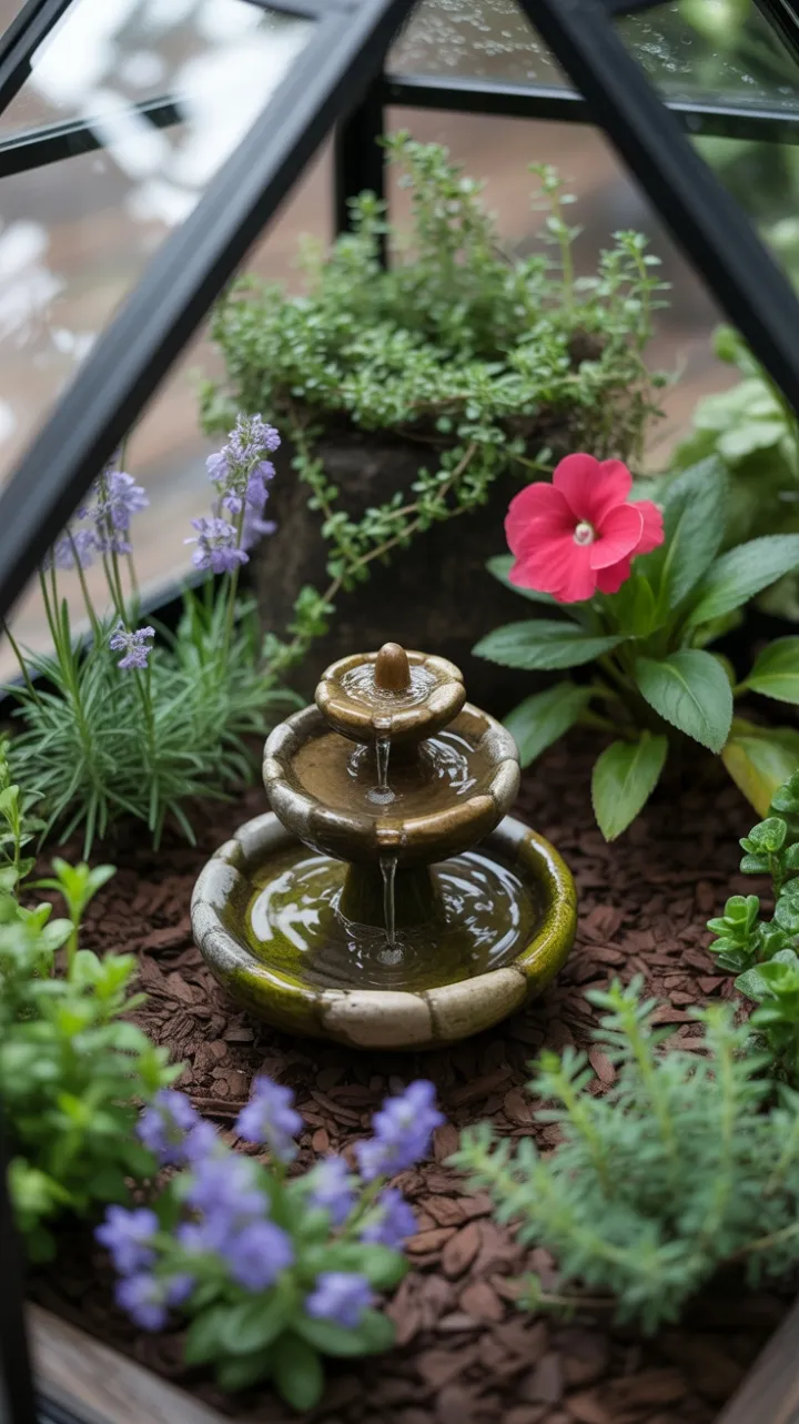 Glass-Bound Miniature Oasis with Tiered Riverstone Fountain