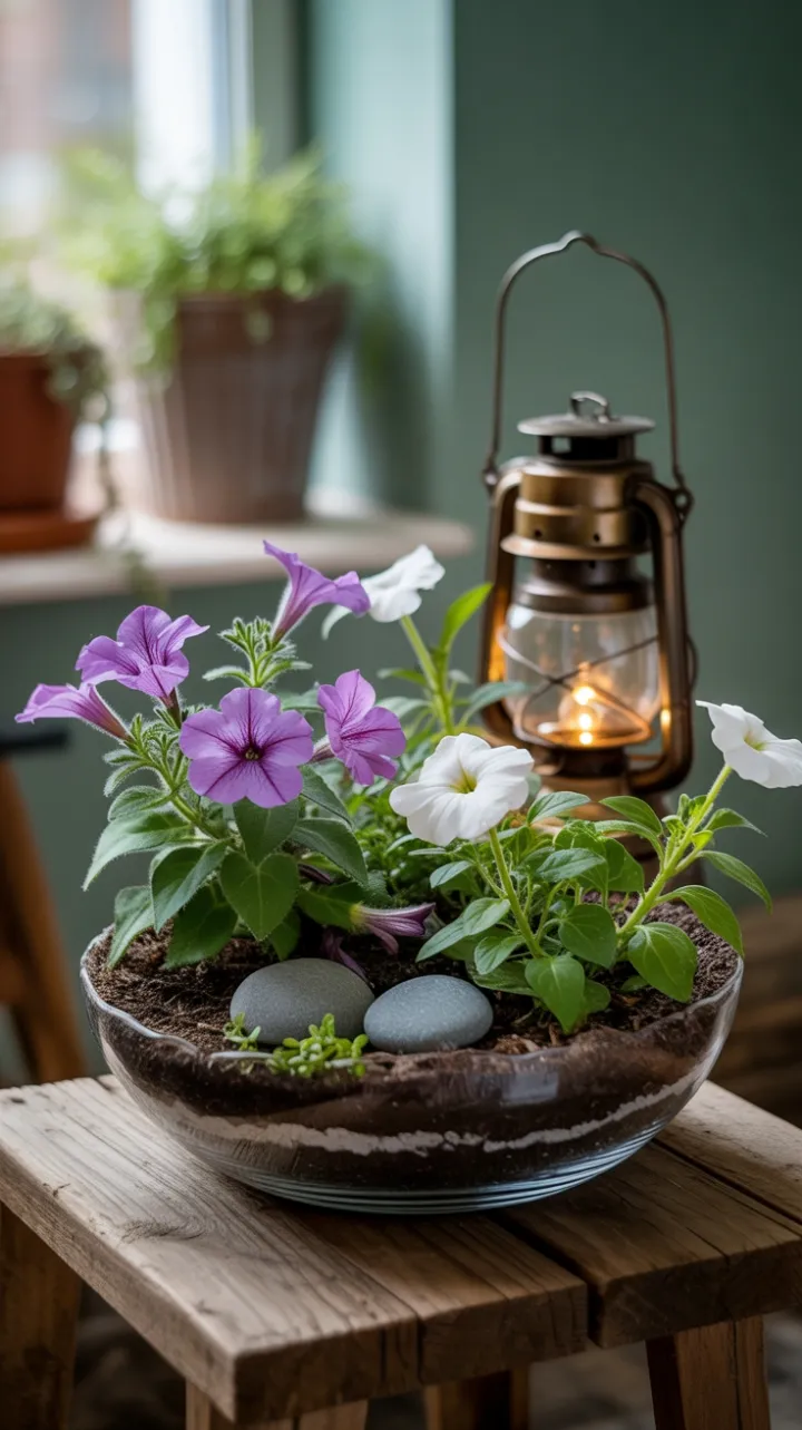 Lanternlit Miniature Garden of Purple Petunias and White Impatiens