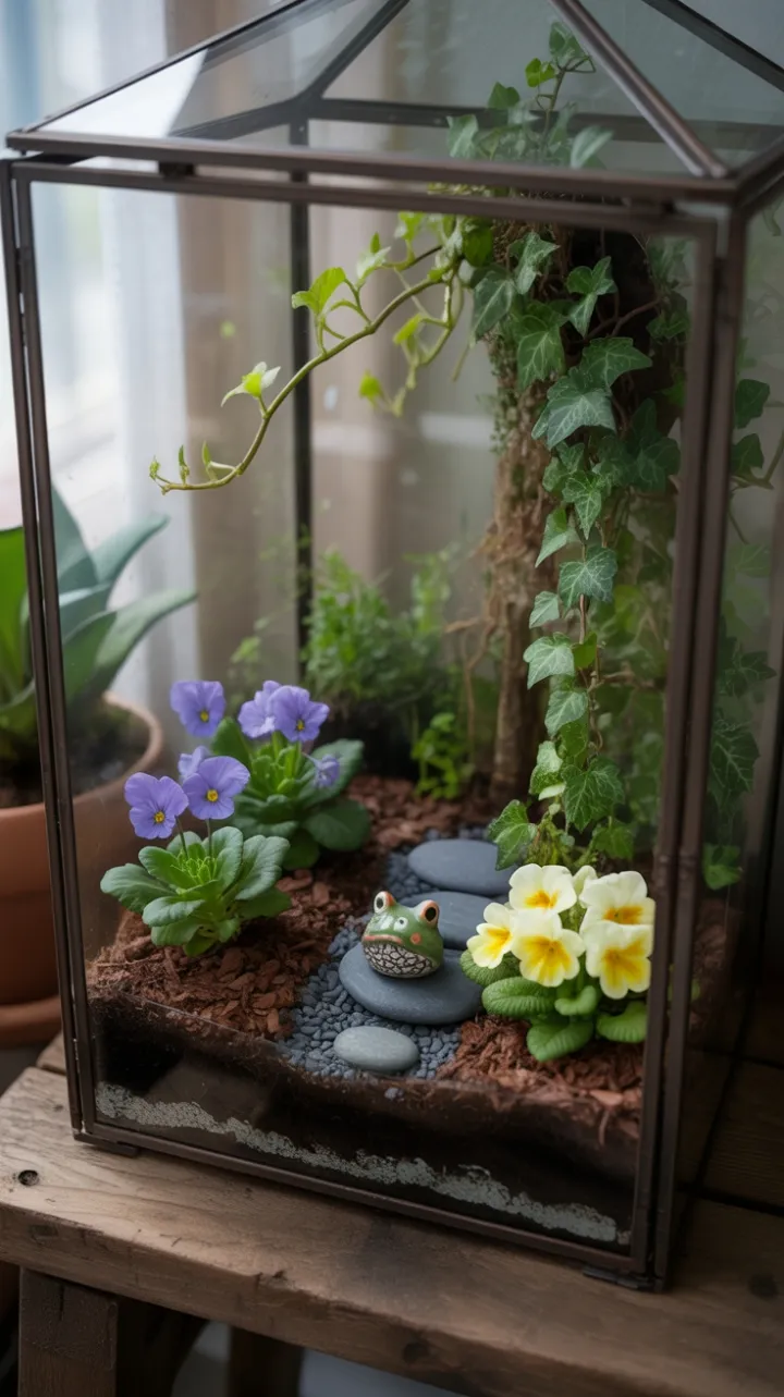 Sunlit Terrarium Garden with Pansies Primrose and Ceramic Frog