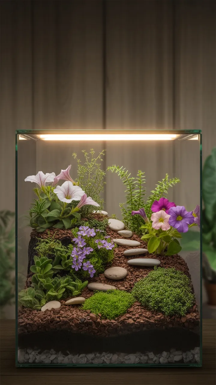Luminous Tiered Terrarium with Purple Petunia Pathways