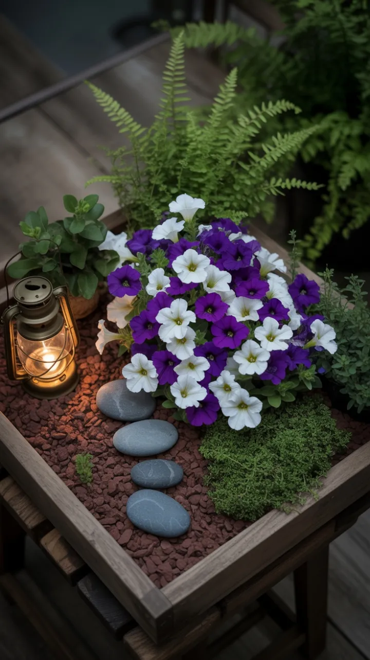 Lantern-Lit Petunia Haven in a Lush Miniature Terrarium
