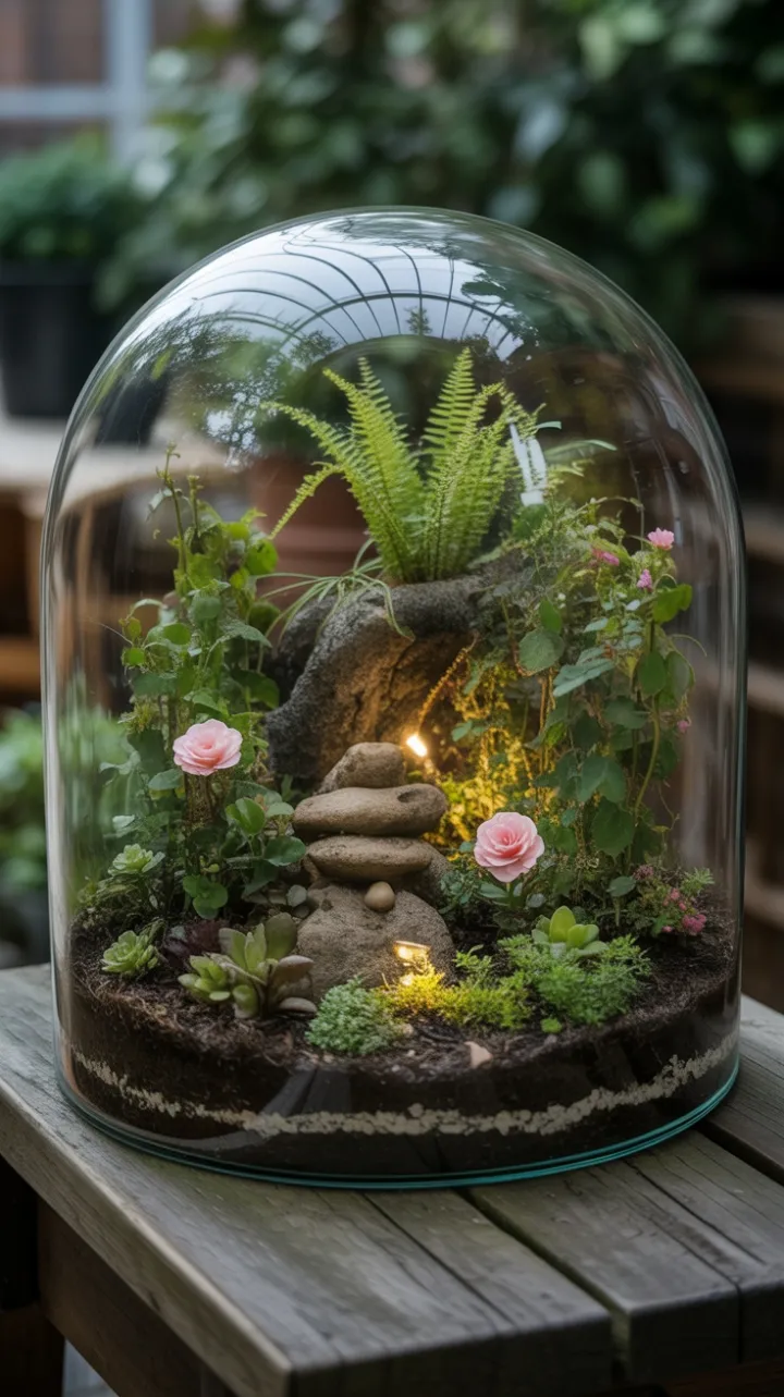 Glass-Domed Secret Garden of Miniature Roses and Ferns