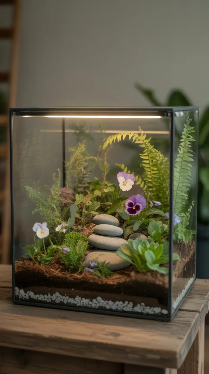 Luminous Terrarium with Cascading Ferns and Vibrant Pansies
