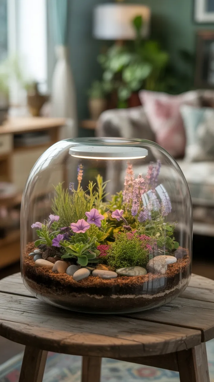 Sunlit Tabletop Terrarium of Lavender and Purple Petunias