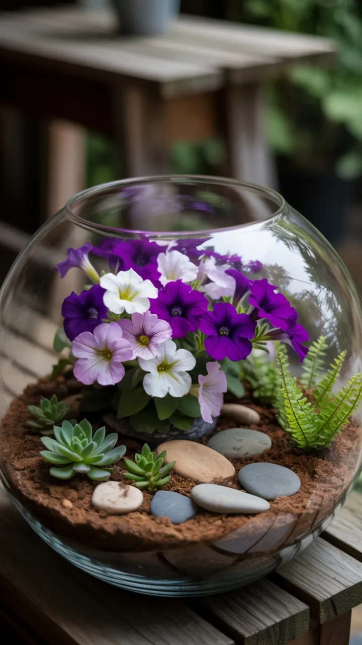 Cascading Purple Petunias in a Tranquil Glass Terrarium