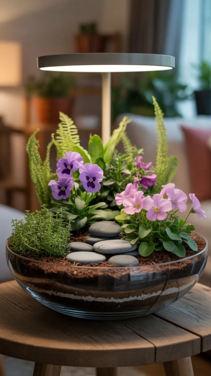 Glow of a Miniature Garden with Purple Pansies and Pink Petunias