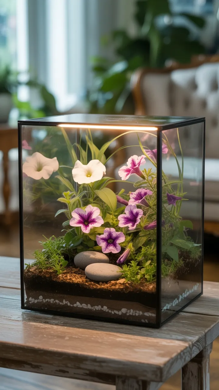 Sunlit Terrarium Glow with Purple Petunias and Delicate White Impatiens