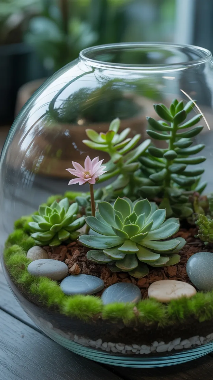 Tranquil Glass Garden with a Single Pink Blossom