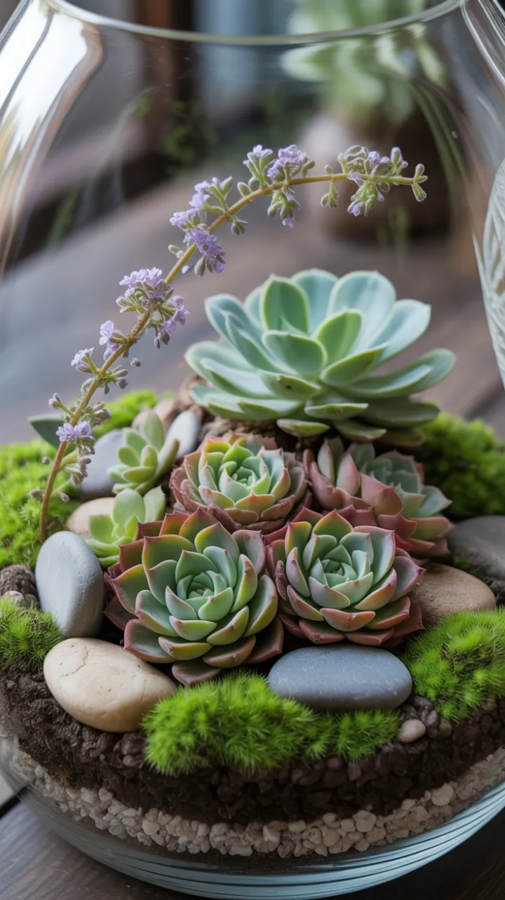 Serene Miniature Garden of Dusty Rose Echeverias and Lavender Cascade