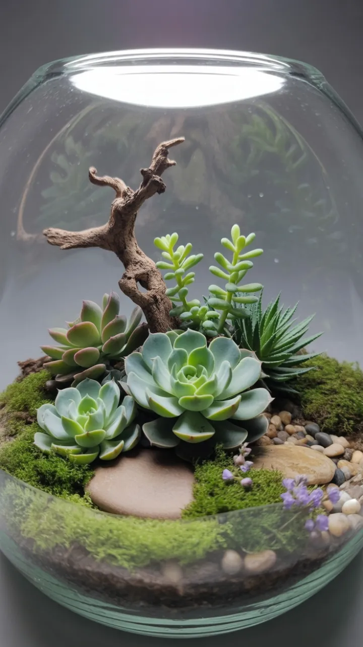 Mossy Miniature Garden of Jade Echeveria and Driftwood