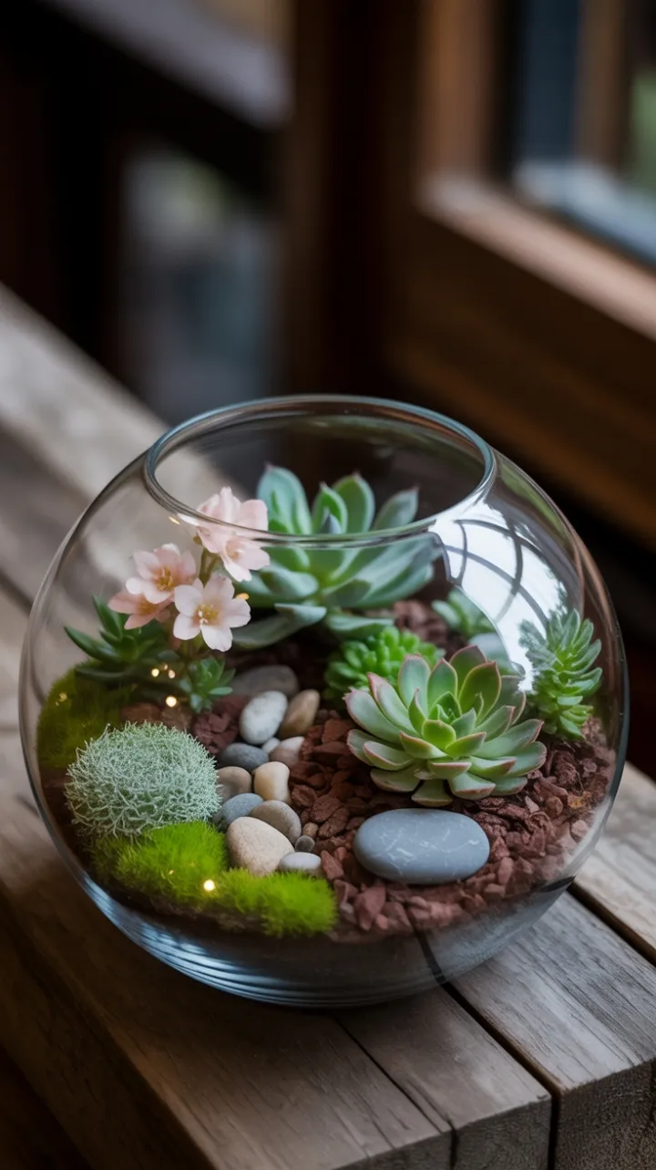 Serene Succulent Terrarium with Blush Blooms